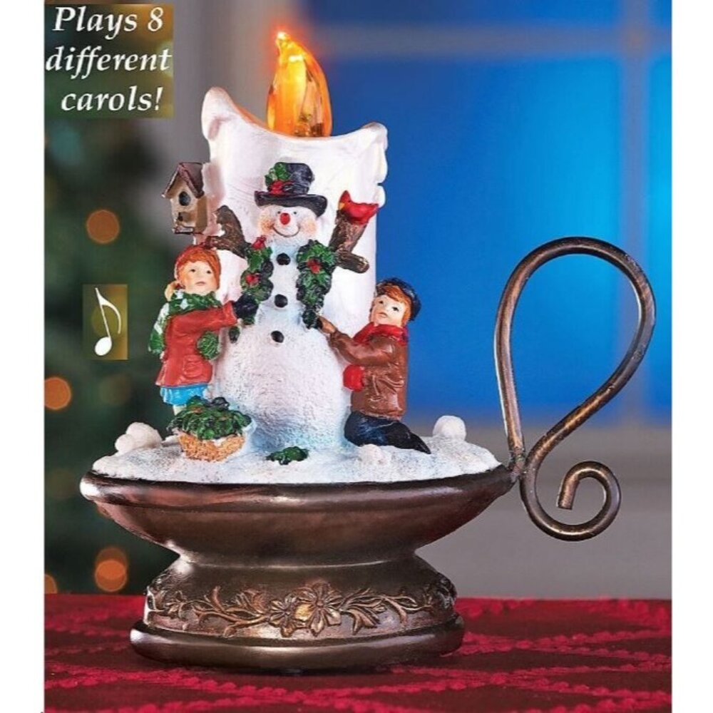 Lighted Snowman Flicker Flame Candle 8 Song Christmas Carol Tabletop MUSIC BOX